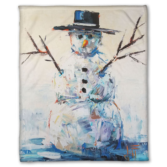 Coral fleece blanket decorated with an abstract painting of a snowman.