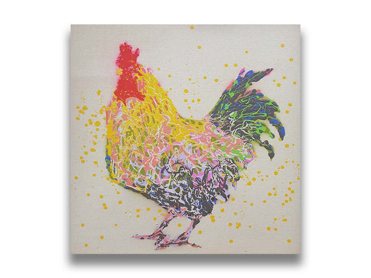 A drip painting of a gray and yellow rooster, on a white background, accented in blue, green, pink, white, and red. Printed on canvas.