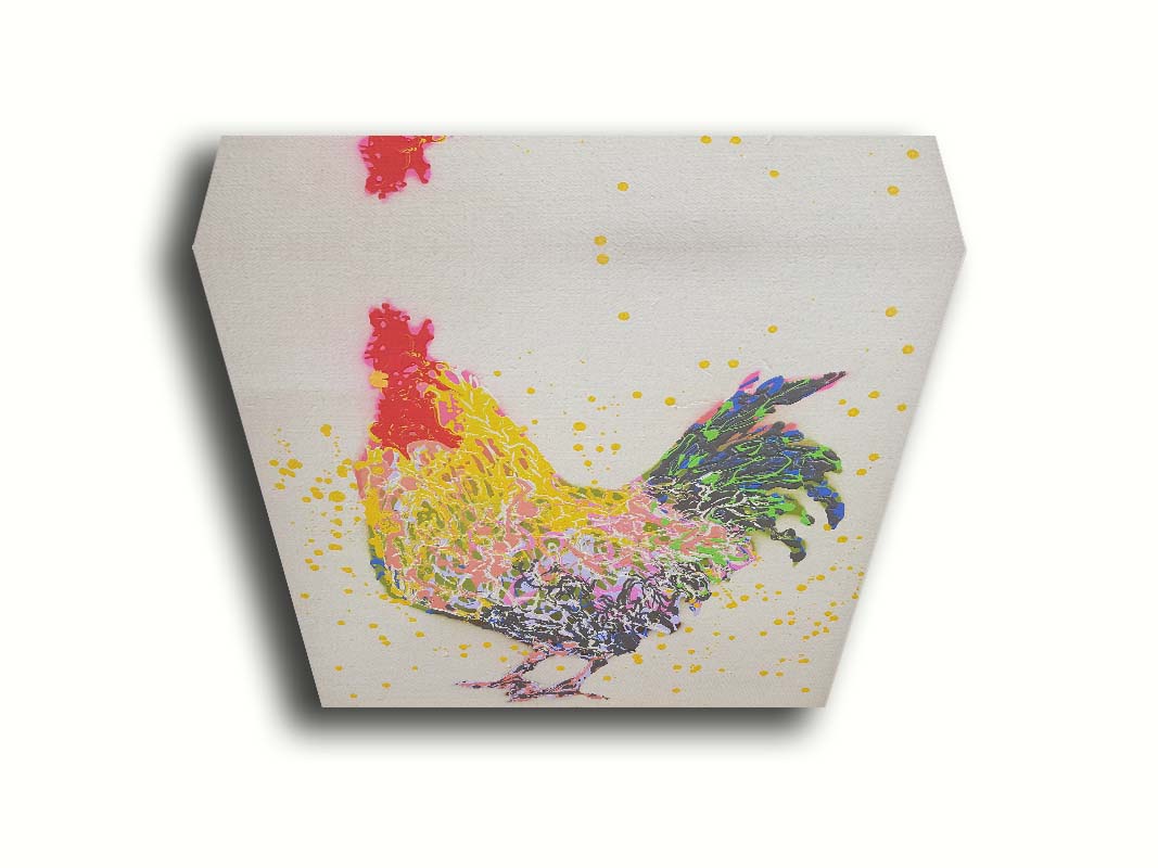 A drip painting of a gray and yellow rooster, on a white background, accented in blue, green, pink, white, and red. Printed on canvas.