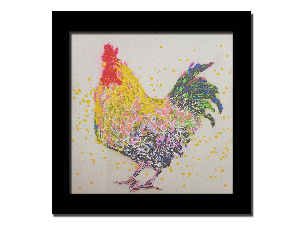 A drip painting of a gray and yellow rooster, on a white background, accented in blue, green, pink, white, and red. Printed on canvas and framed.