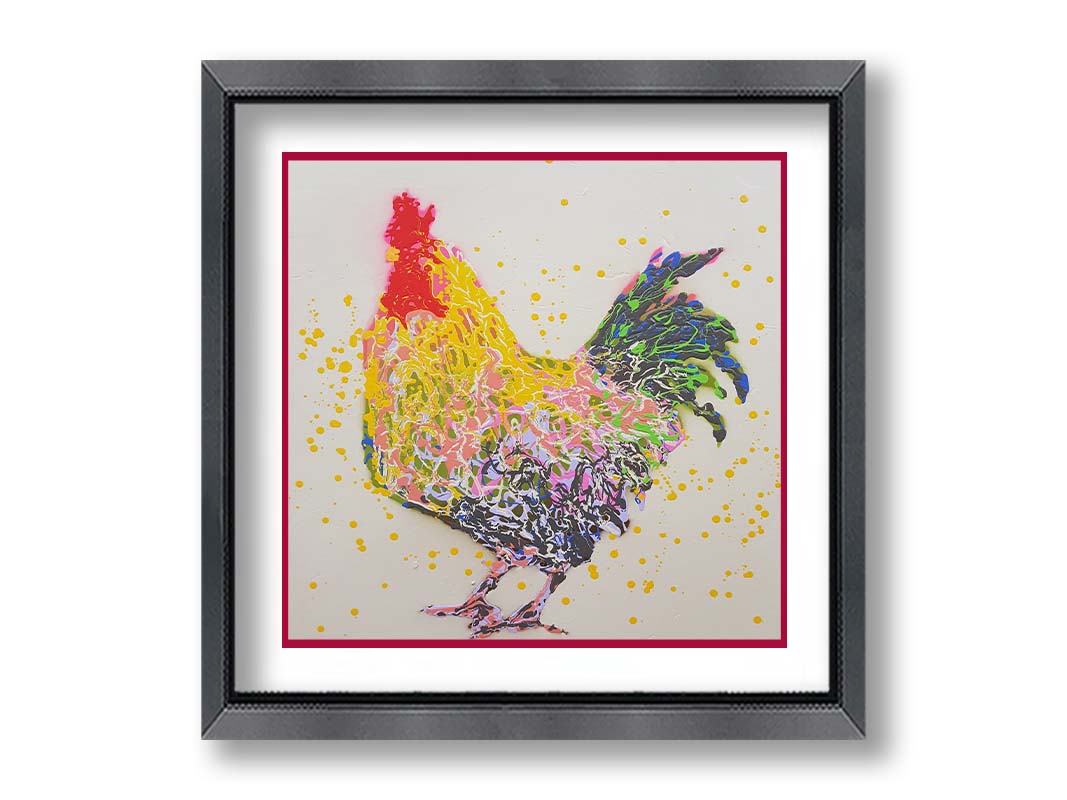 A drip painting of a gray and yellow rooster, on a white background, accented in blue, green, pink, white, and red. Printed on paper, matted, and framed.