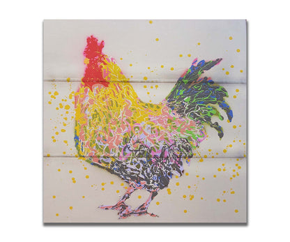 A drip painting of a gray and yellow rooster, on a white background, accented in blue, green, pink, white, and red. Printed on a box board.