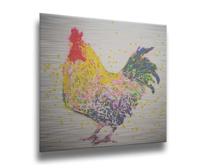 A drip painting of a gray and yellow rooster, on a white background, accented in blue, green, pink, white, and red. Printed on metal.