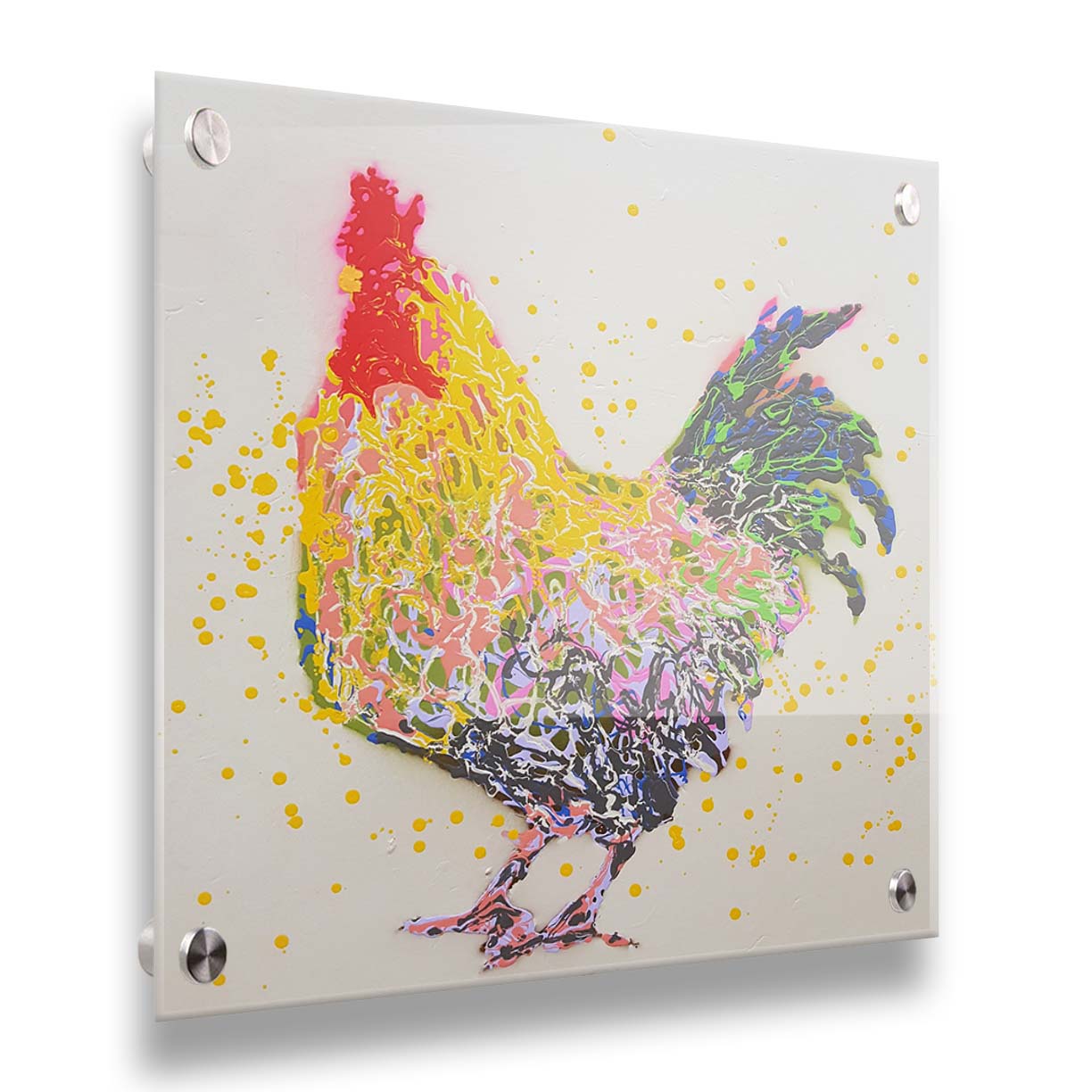 A drip painting of a gray and yellow rooster, on a white background, accented in blue, green, pink, white, and red. Printed on acrylic.