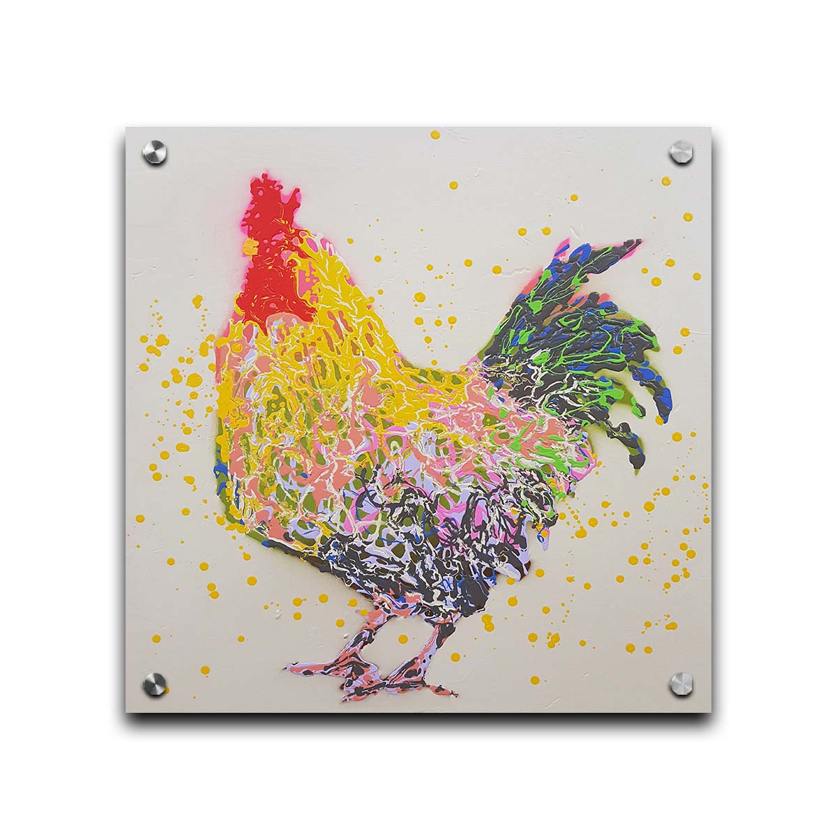 A drip painting of a gray and yellow rooster, on a white background, accented in blue, green, pink, white, and red. Printed on acrylic.