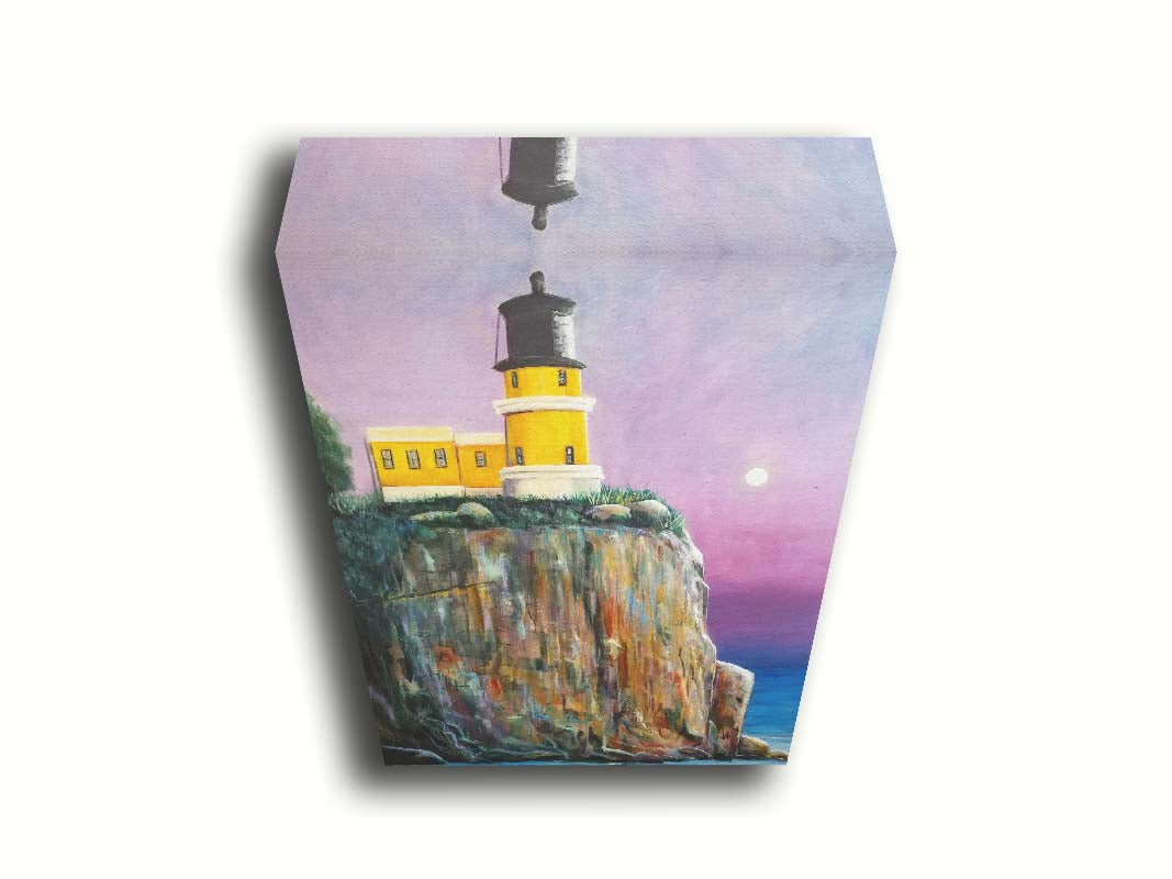 A painting of a bright yellow lighthouse perched on a cliff face above a vibrant blue sea, with a pink and purple sky. Printed on canvas.