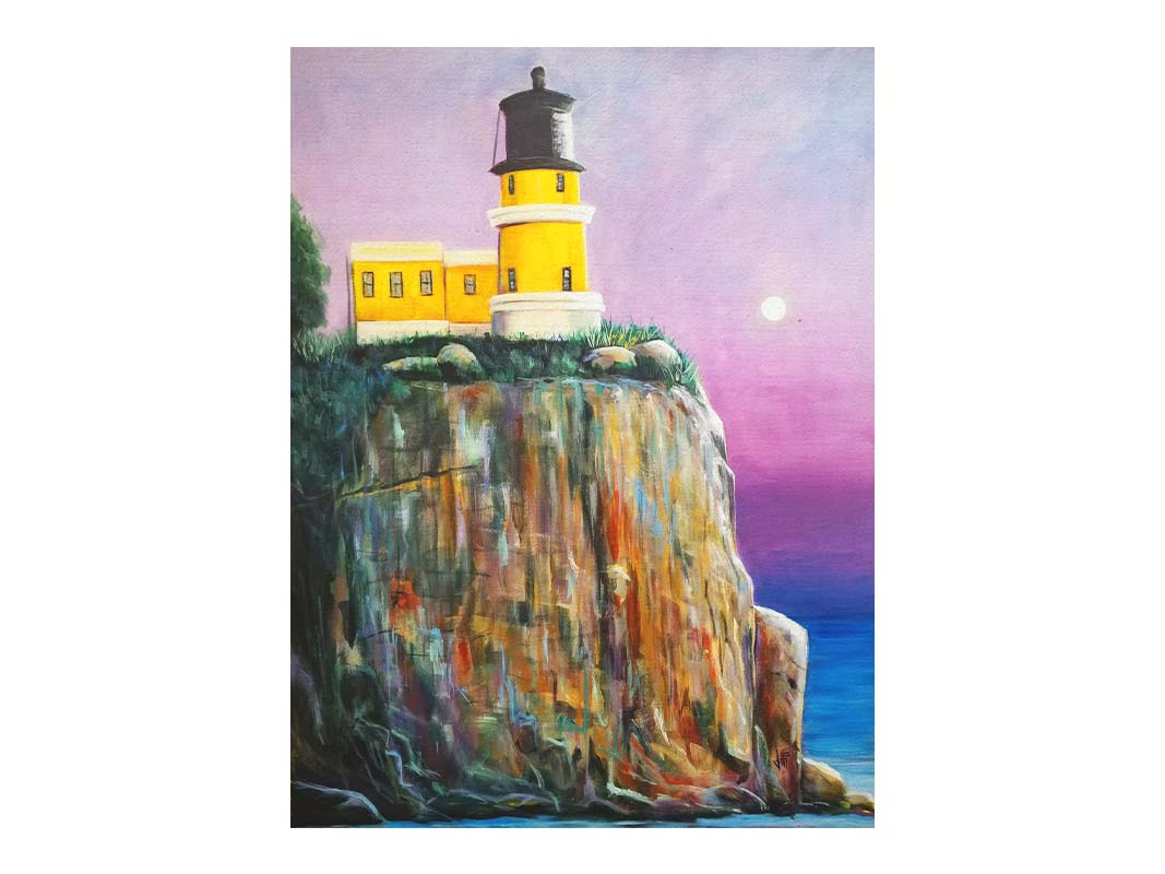 A painting of a bright yellow lighthouse perched on a cliff face above a vibrant blue sea, with a pink and purple sky. Printed on canvas.