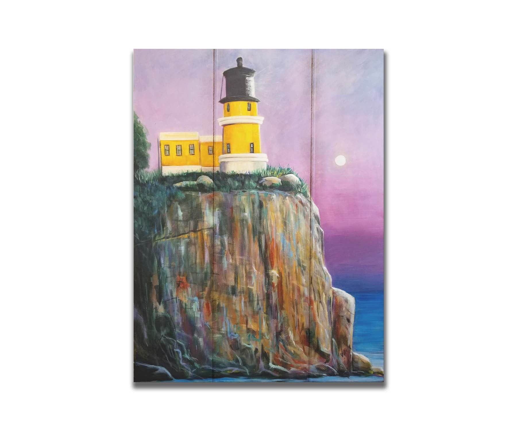 A painting of a bright yellow lighthouse perched on a cliff face above a vibrant blue sea, with a pink and purple sky. Printed on a box board.