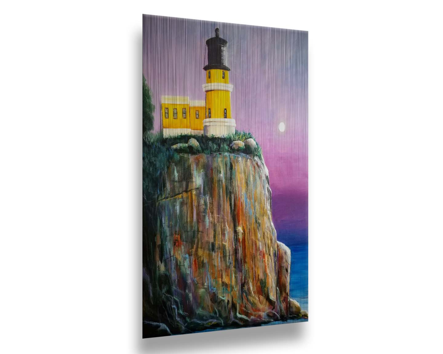 A painting of a bright yellow lighthouse perched on a cliff face above a vibrant blue sea, with a pink and purple sky. Printed on metal.