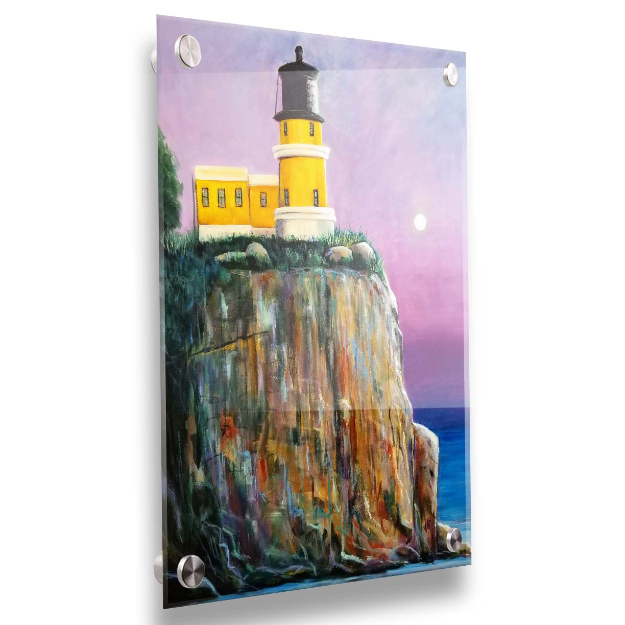 A painting of a bright yellow lighthouse perched on a cliff face above a vibrant blue sea, with a pink and purple sky. Printed on acrylic.