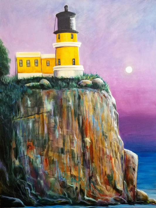A painting of a bright yellow lighthouse perched on a cliff face above a vibrant blue sea, with a pink and purple sky. 