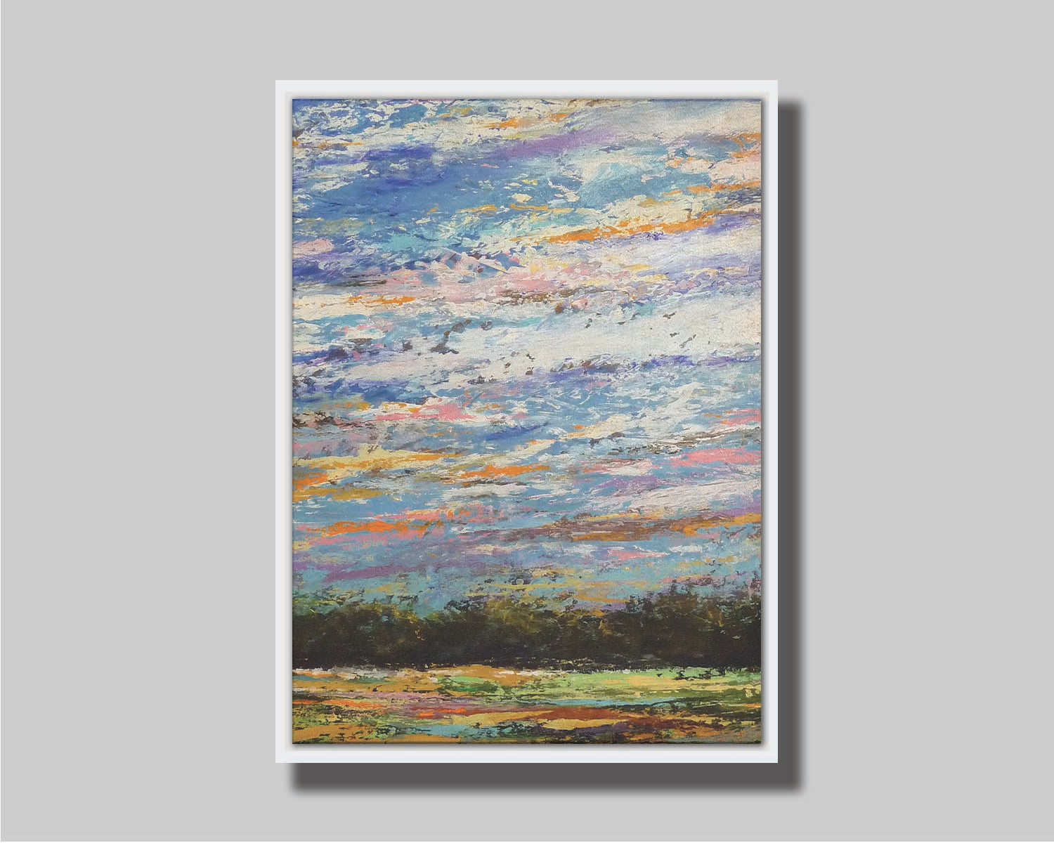 A colorful painting of the sky, using heavily textured applications of paint. Printed on canvas in a float frame.