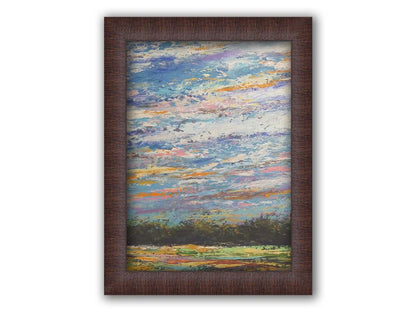 A colorful painting of the sky, using heavily textured applications of paint. Printed on canvas and framed.