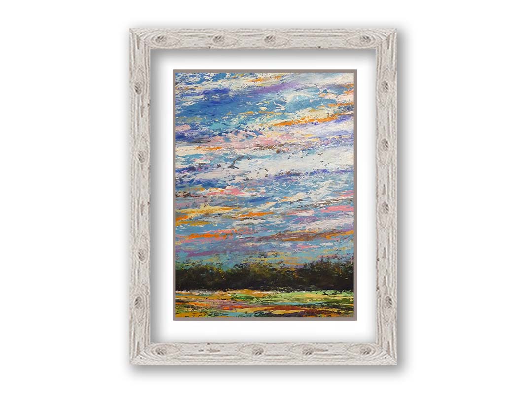 A colorful painting of the sky, using heavily textured applications of paint. Printed on paper, matted, and framed.