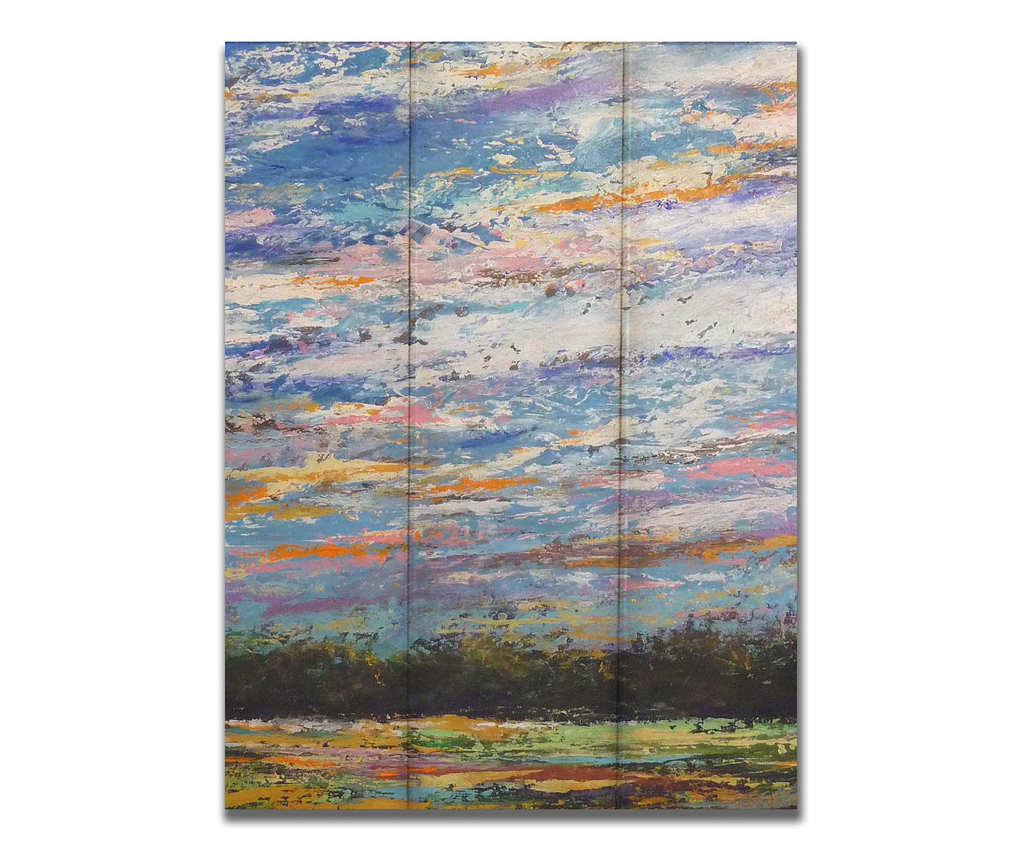 A colorful painting of the sky, using heavily textured applications of paint. Printed on a box board.