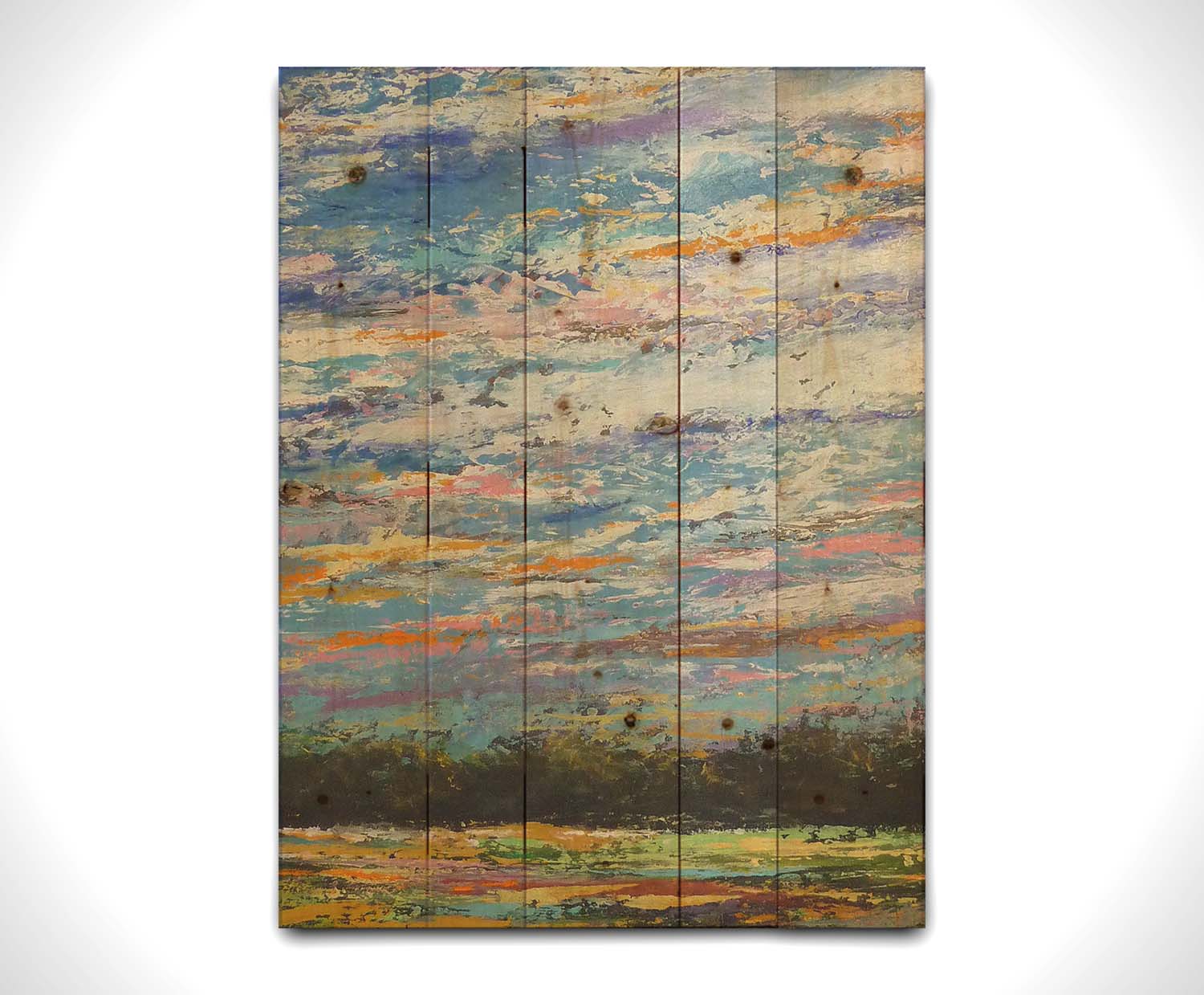 A colorful painting of the sky, using heavily textured applications of paint. Printed on a wood pallet.