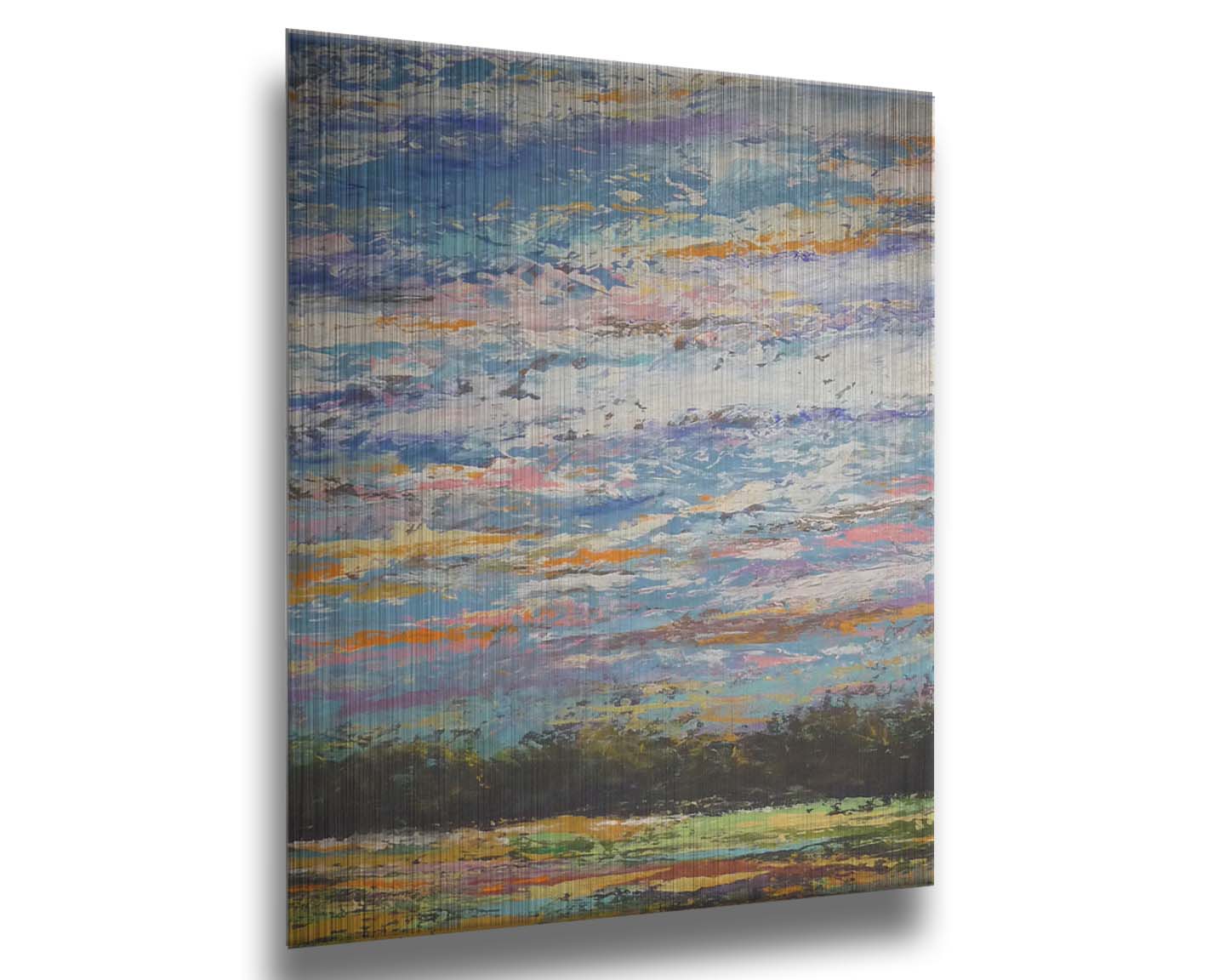 A colorful painting of the sky, using heavily textured applications of paint. Printed on metal.