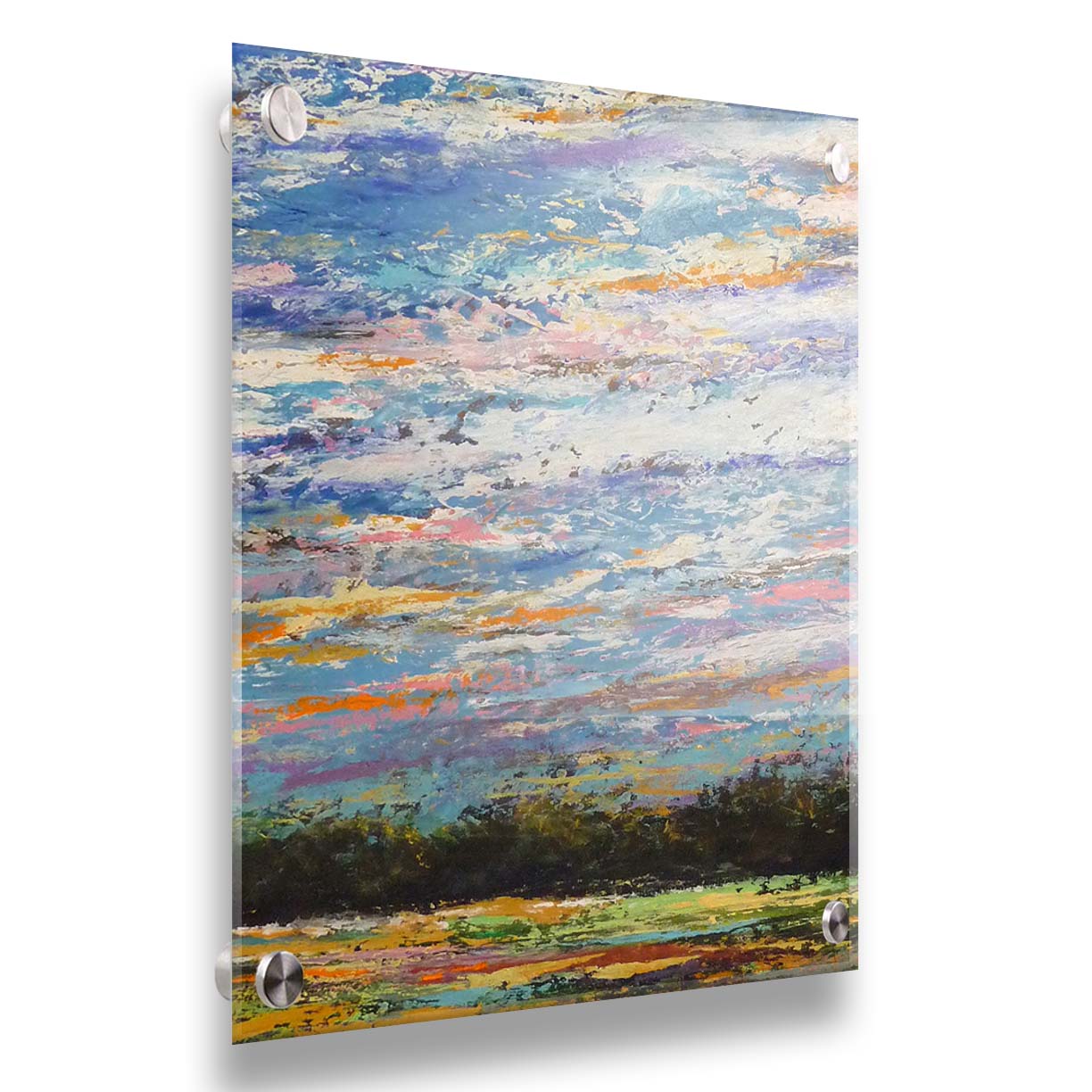 A colorful painting of the sky, using heavily textured applications of paint. Printed on acrylic.