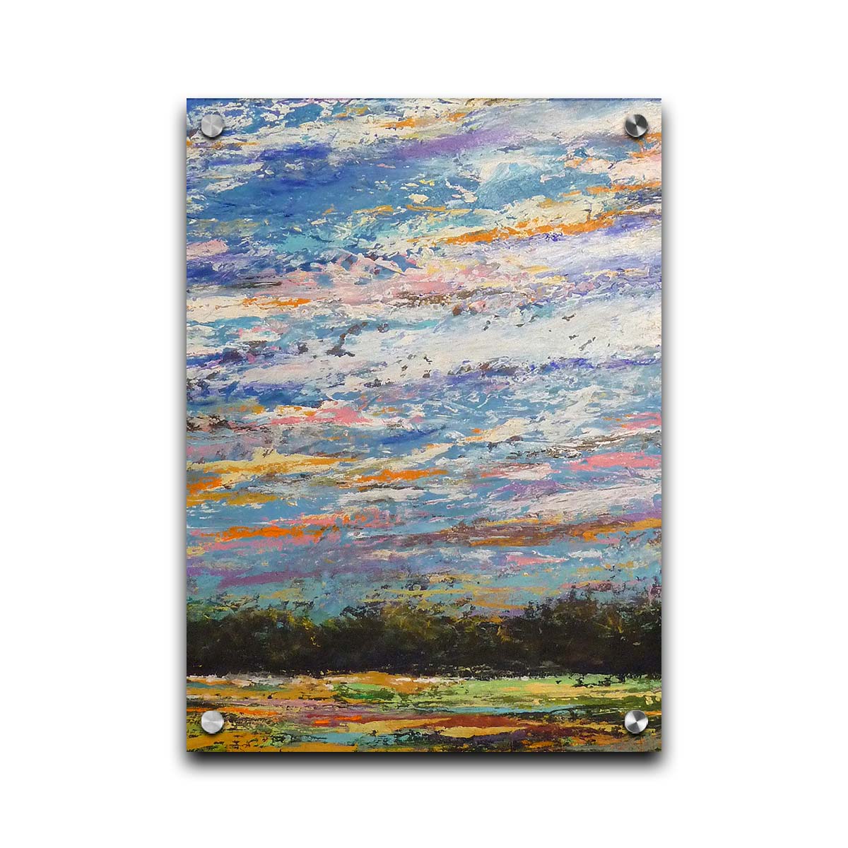 A colorful painting of the sky, using heavily textured applications of paint. Printed on acrylic.