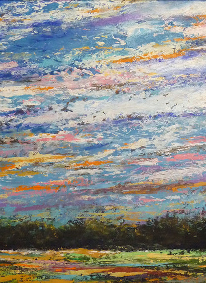 A colorful painting of the sky, using heavily textured applications of paint.