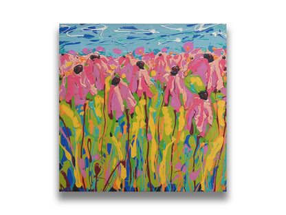 A drip painting of a field of pink wildflowers against a blue background. Printed on canvas.