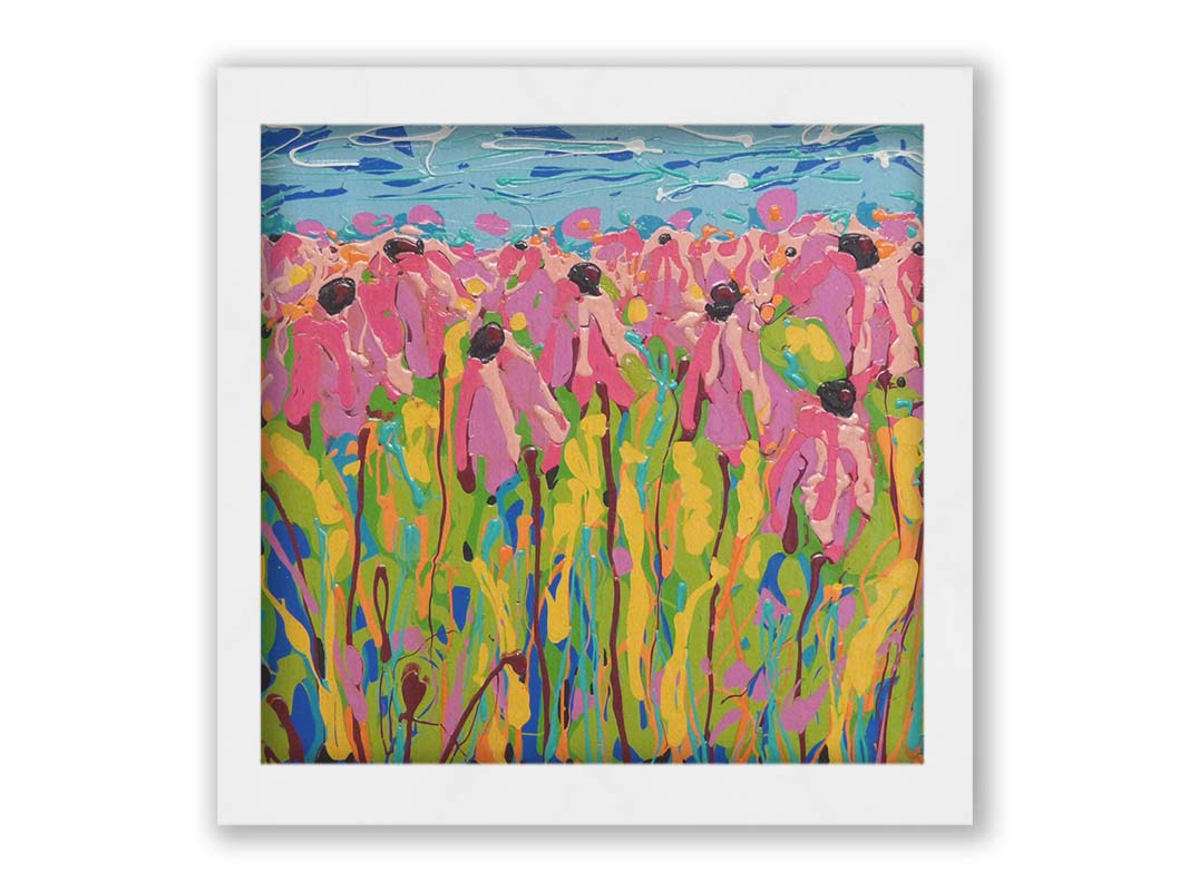 A drip painting of a field of pink wildflowers against a blue background. Printed on canvas and framed.