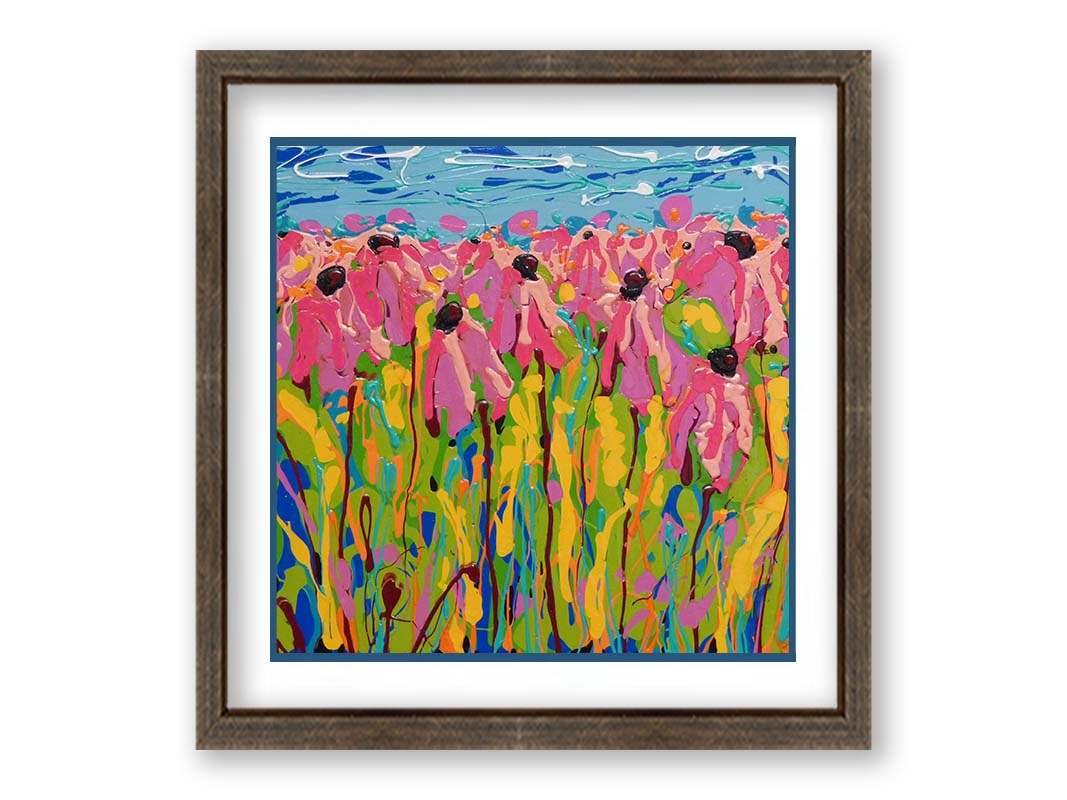 A drip painting of a field of pink wildflowers against a blue background. Printed on paper, matted, and framed.