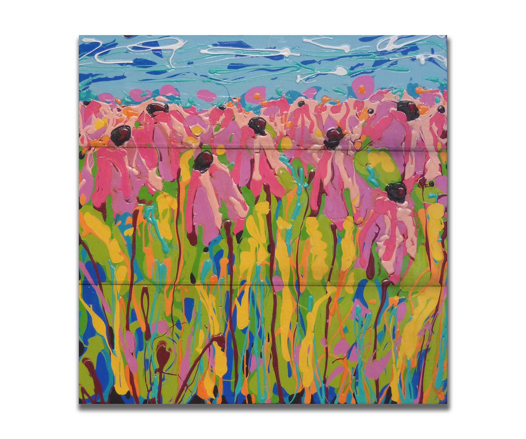 A drip painting of a field of pink wildflowers against a blue background. Printed on a box board.