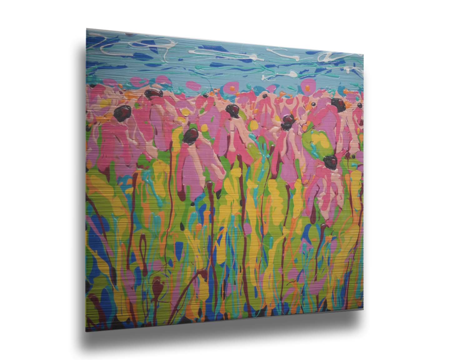 A drip painting of a field of pink wildflowers against a blue background. Printed on metal.