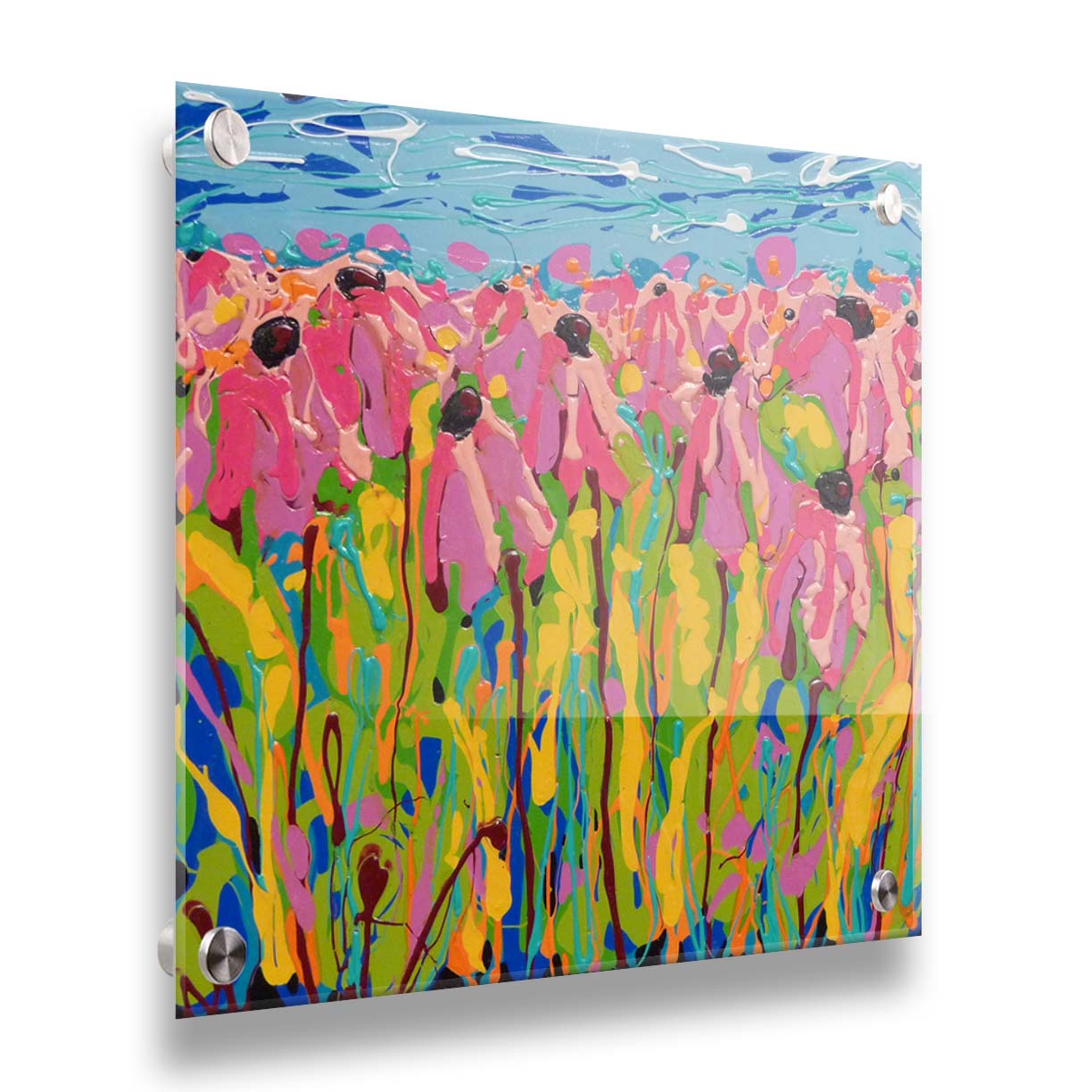 A drip painting of a field of pink wildflowers against a blue background. Printed on acrylic.