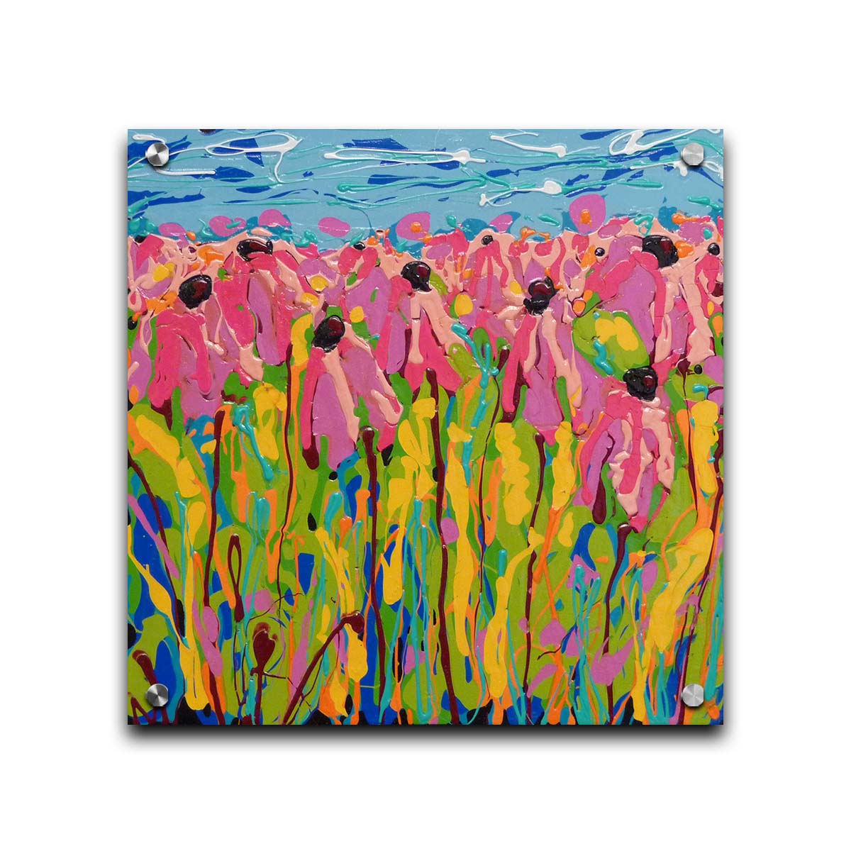 A drip painting of a field of pink wildflowers against a blue background. Printed on acrylic.