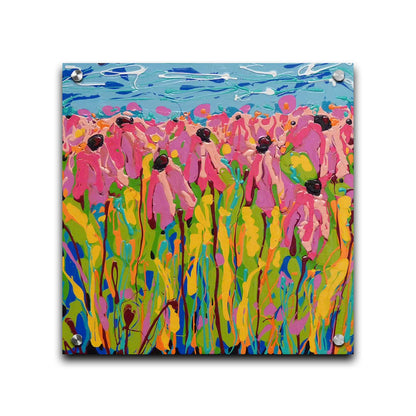 A drip painting of a field of pink wildflowers against a blue background. Printed on acrylic.