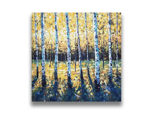 A painting of an aspen forest with yellow leaves. Sunlight shines boldly down through the trees, creating deep blue-green shadows on the ground below. Printed on canvas.