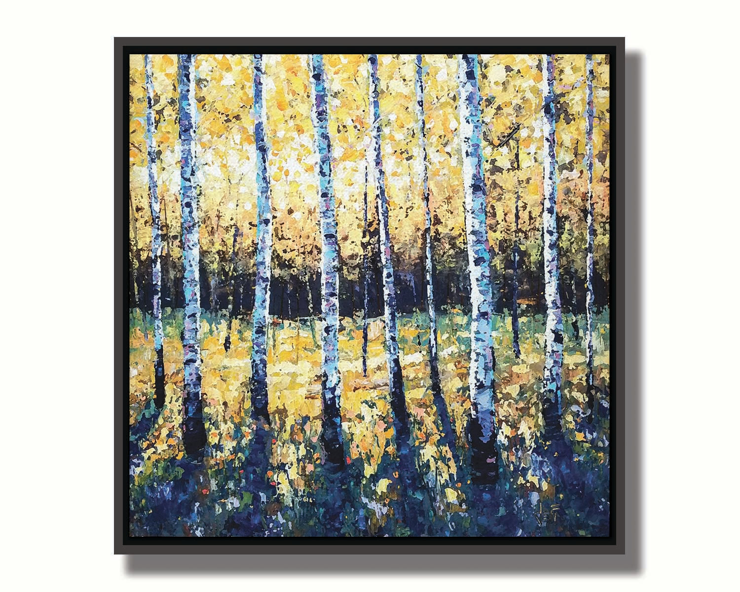 A painting of an aspen forest with yellow leaves. Sunlight shines boldly down through the trees, creating deep blue-green shadows on the ground below. Printed on canvas in a float frame.