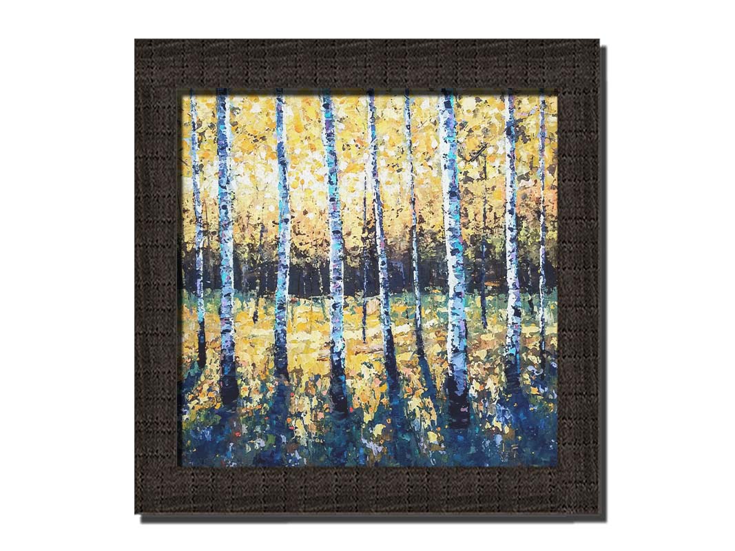 A painting of an aspen forest with yellow leaves. Sunlight shines boldly down through the trees, creating deep blue-green shadows on the ground below. Printed on canvas and framed.