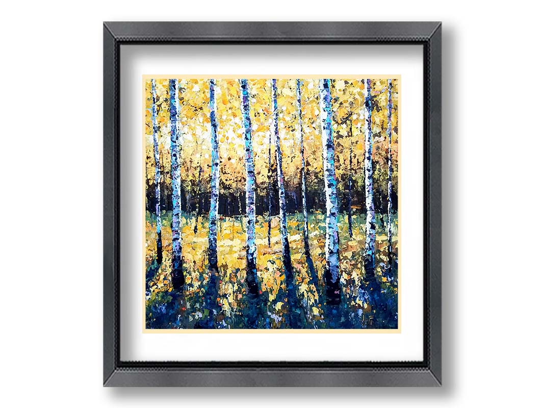 A painting of an aspen forest with yellow leaves. Sunlight shines boldly down through the trees, creating deep blue-green shadows on the ground below. Printed on paper, matted, and framed.