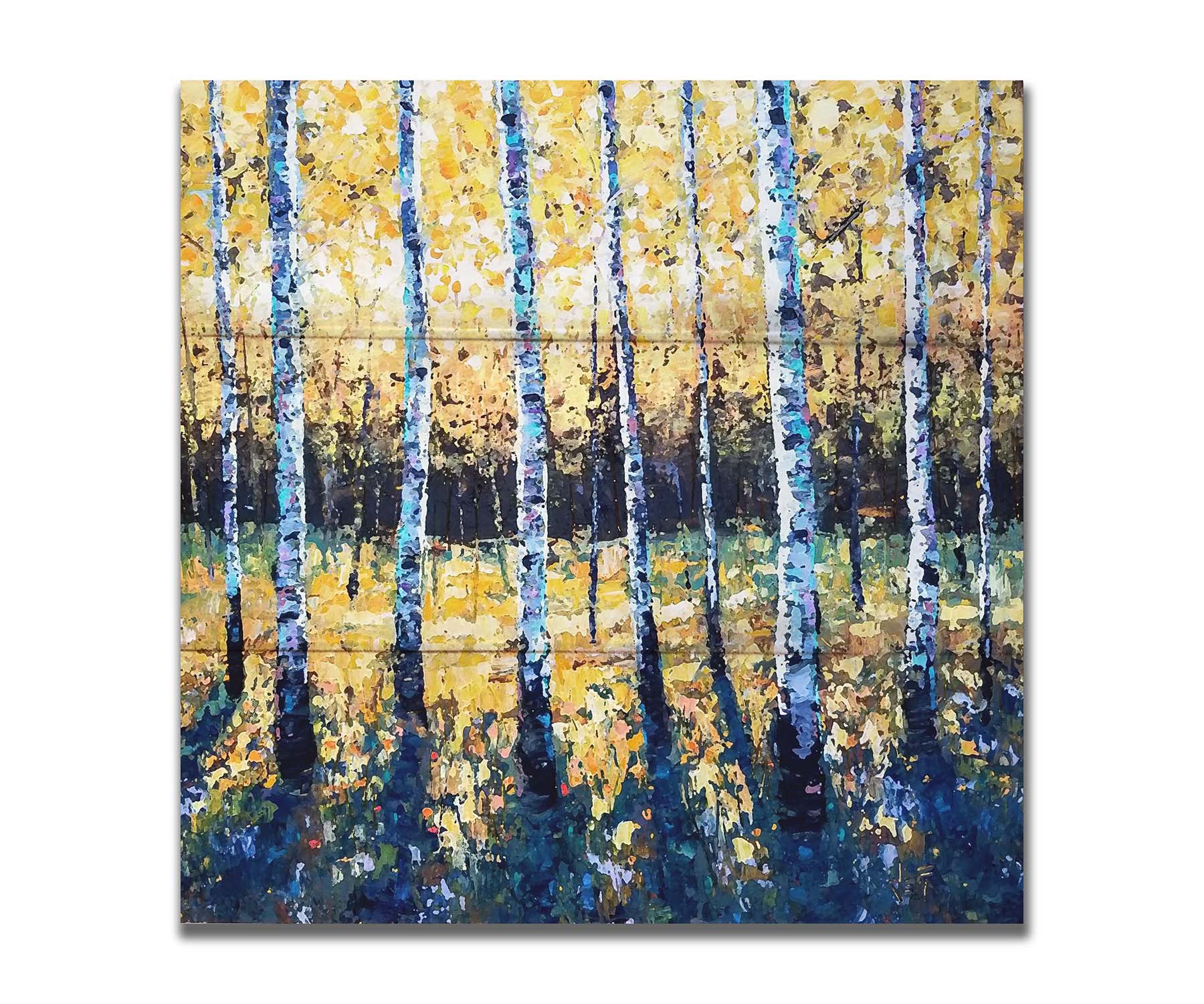 A painting of an aspen forest with yellow leaves. Sunlight shines boldly down through the trees, creating deep blue-green shadows on the ground below. Printed on a box board.