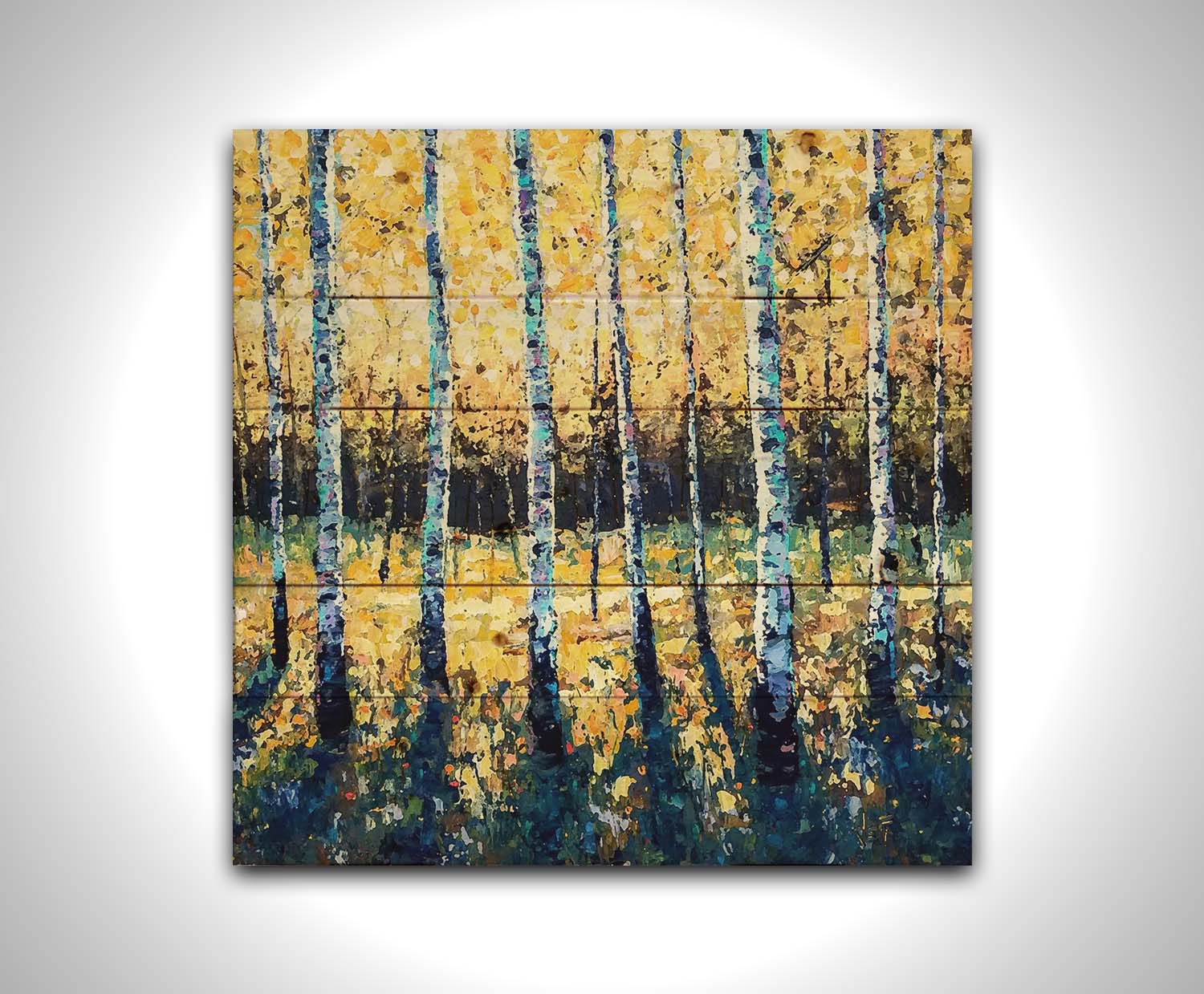 A painting of an aspen forest with yellow leaves. Sunlight shines boldly down through the trees, creating deep blue-green shadows on the ground below. Printed on a wood pallet.