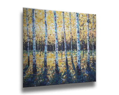 A painting of an aspen forest with yellow leaves. Sunlight shines boldly down through the trees, creating deep blue-green shadows on the ground below. Printed on metal.