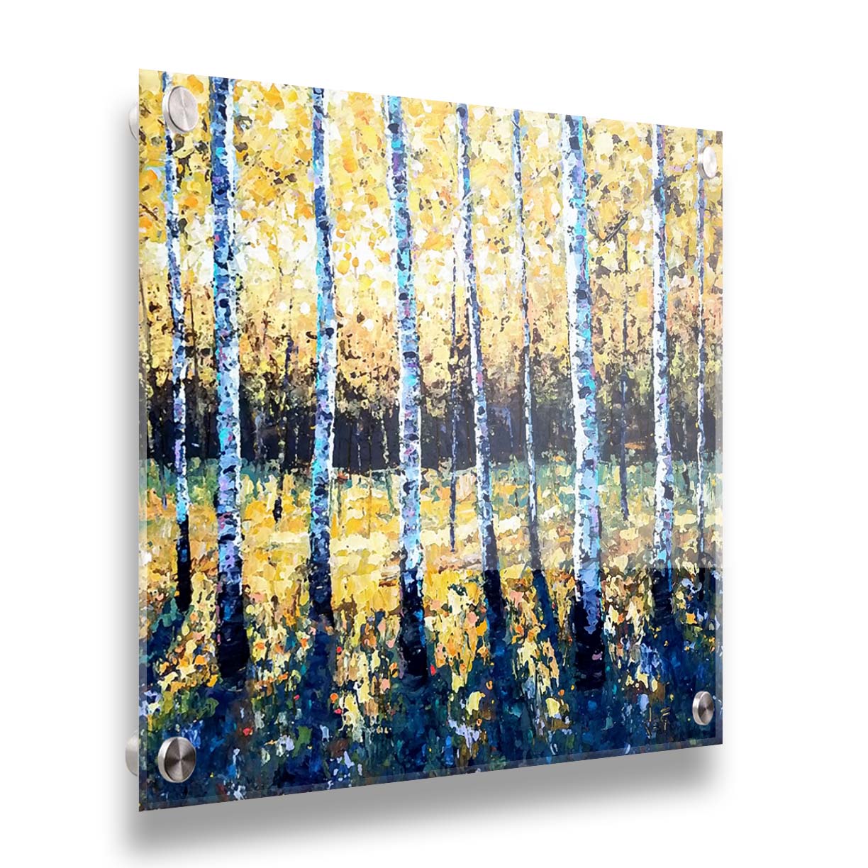 A painting of an aspen forest with yellow leaves. Sunlight shines boldly down through the trees, creating deep blue-green shadows on the ground below. Printed on acrylic.