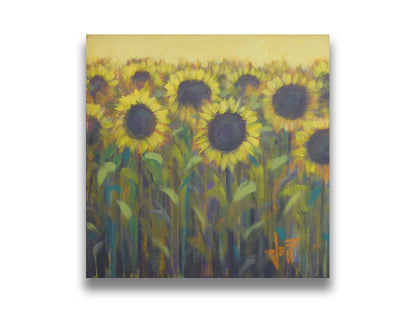 A painting of a group of sunflowers against a yellow background. Printed on canvas.