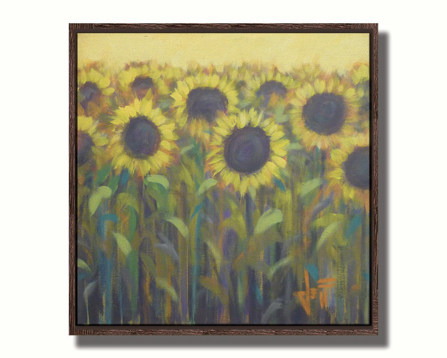 A painting of a group of sunflowers against a yellow background. Printed on canvas in a float frame.