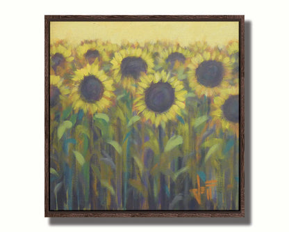 A painting of a group of sunflowers against a yellow background. Printed on canvas in a float frame.