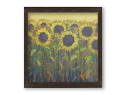 A painting of a group of sunflowers against a yellow background. Printed on canvas and framed.