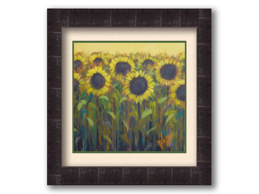 A painting of a group of sunflowers against a yellow background. Printed on paper, matted, and framed.