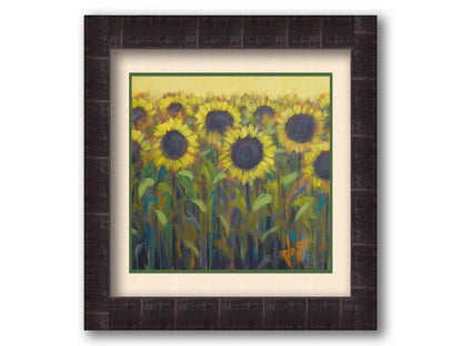 A painting of a group of sunflowers against a yellow background. Printed on paper, matted, and framed.