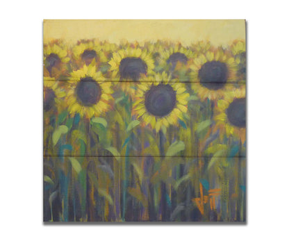 A painting of a group of sunflowers against a yellow background. Printed on a box board.