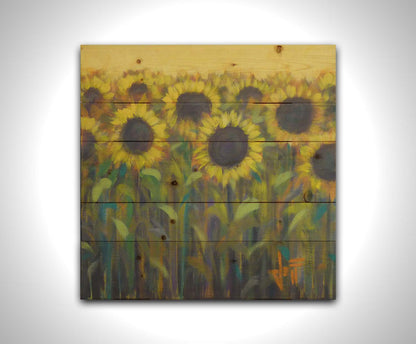 A painting of a group of sunflowers against a yellow background. Printed on a wood pallet.