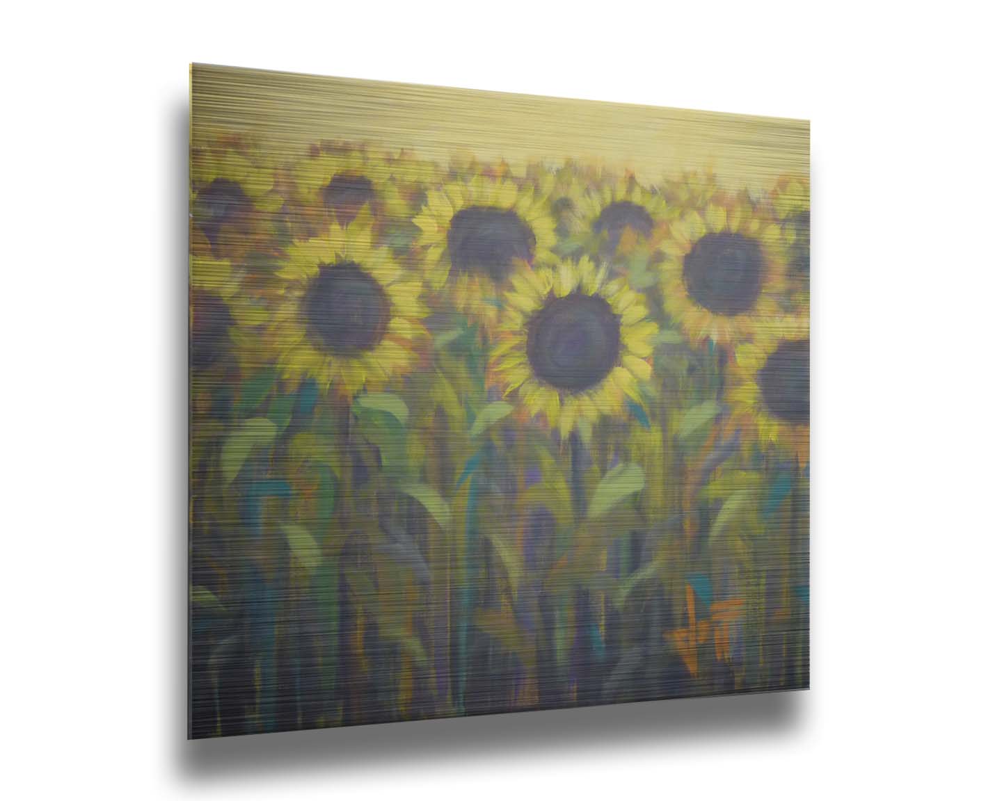 A painting of a group of sunflowers against a yellow background. Printed on metal.