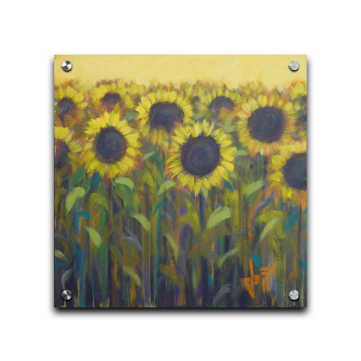 A painting of a group of sunflowers against a yellow background. Printed on acrylic.